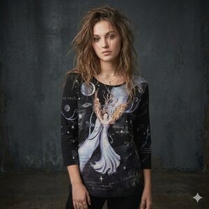 Celestial Angel Graphic Top Moon Stars Script Y2K Fairycore Goth Witchy Grunge L